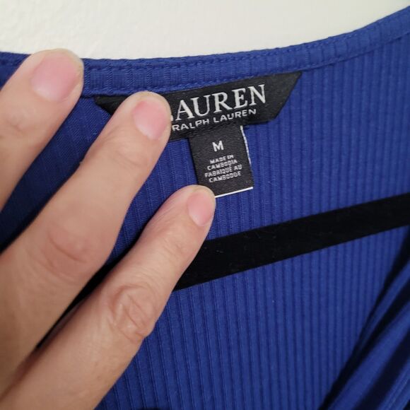 Lauren Ralph Lauren Navy Twist Front Ribbed Pullover Top Medium Professional - Picture 6 of 7